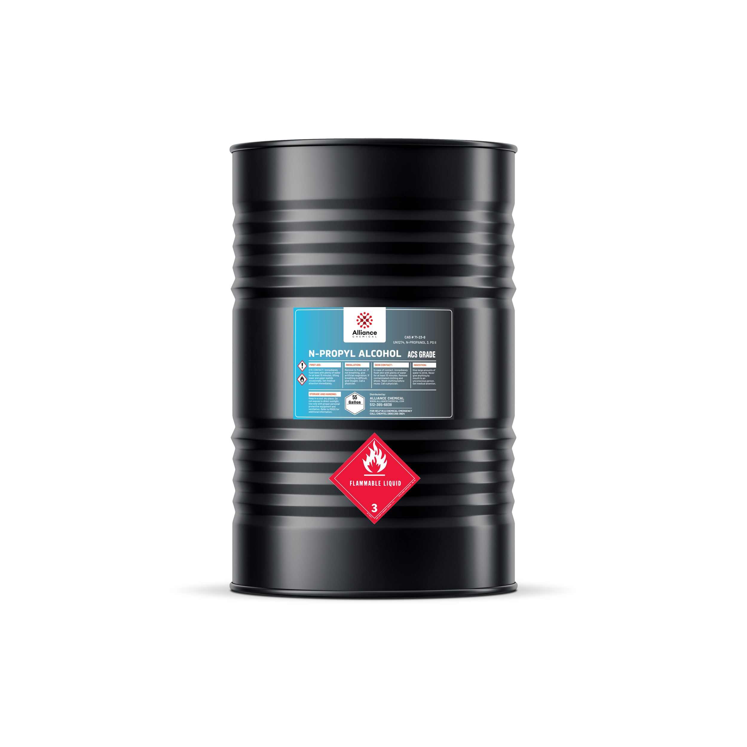 55-gallon black steel drum of ACS-grade N-Propyl Alcohol with blue Alliance Chemical label, flammable liquid Class 3 warning placard, and ribbed exterior.
